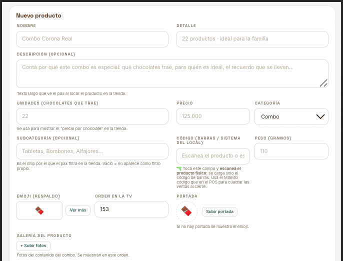 Formulario de nuevo producto: nombre, descripción, precio, categoría, código de barras del POS, peso, emoji y portada