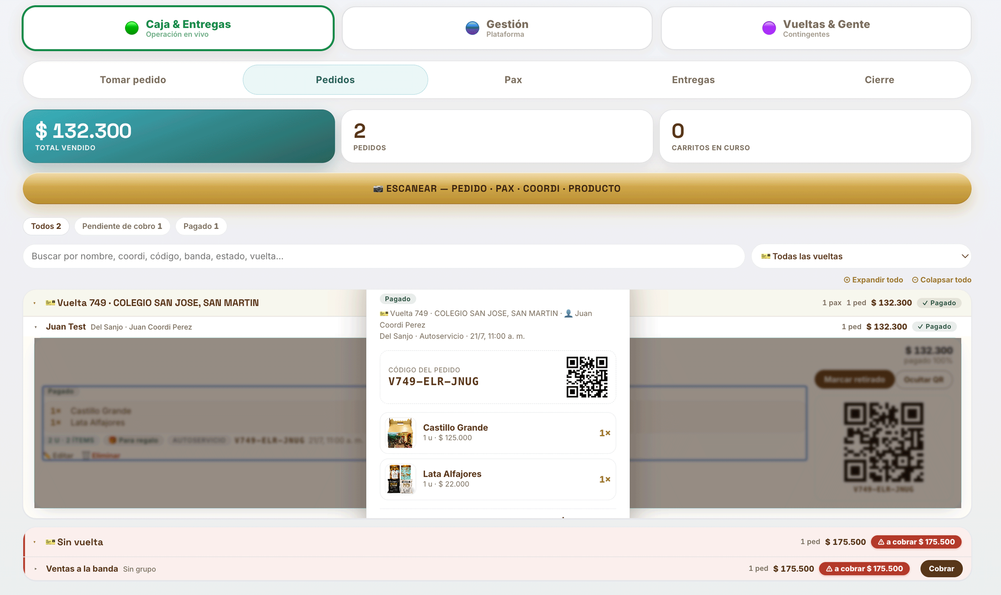 El panel de caja con los pedidos del día: total vendido, pendientes de cobro y el detalle del pedido con su QR
