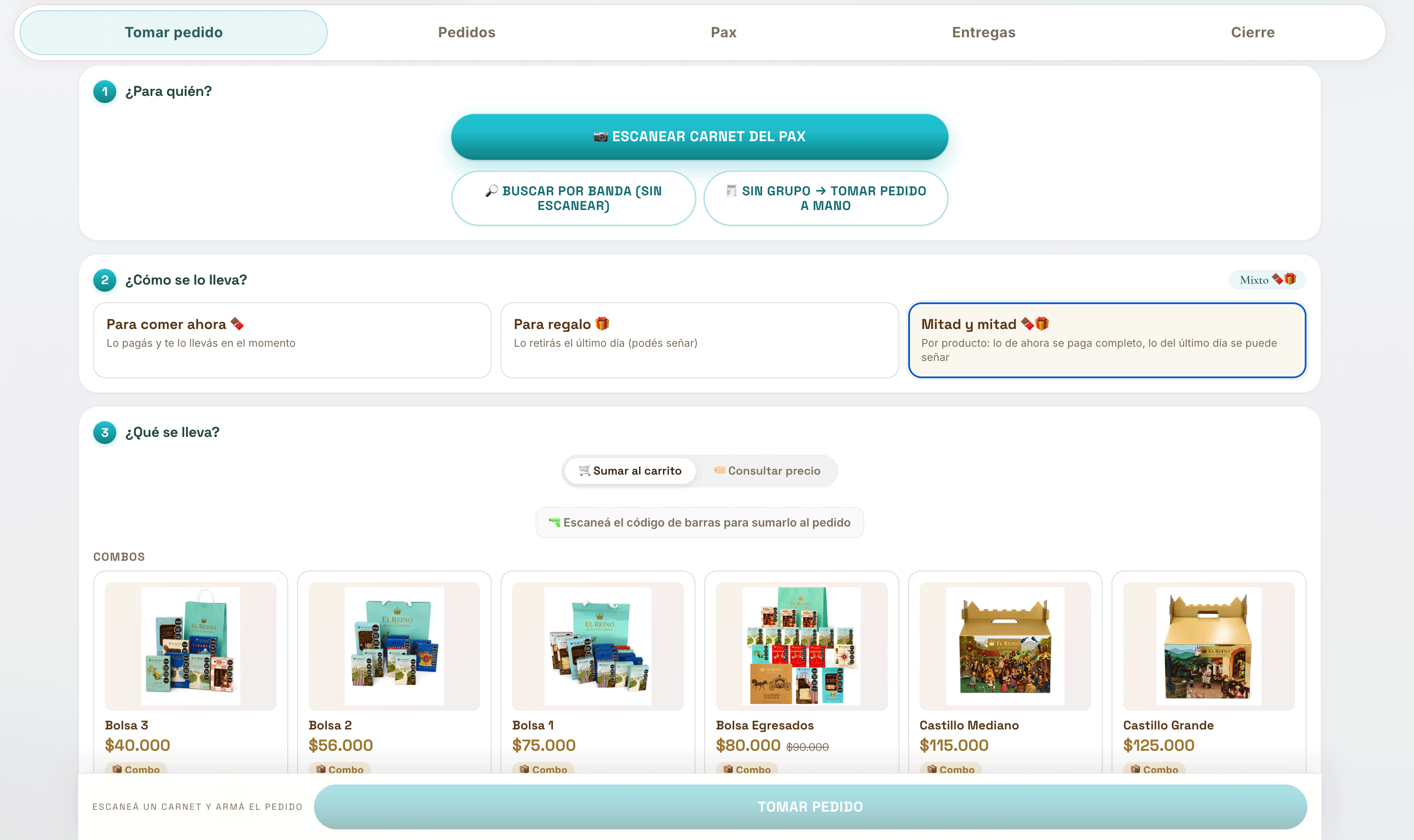 El panel de caja tomando un pedido: escaneo del carnet, modalidad de entrega y catálogo con el escáner de productos