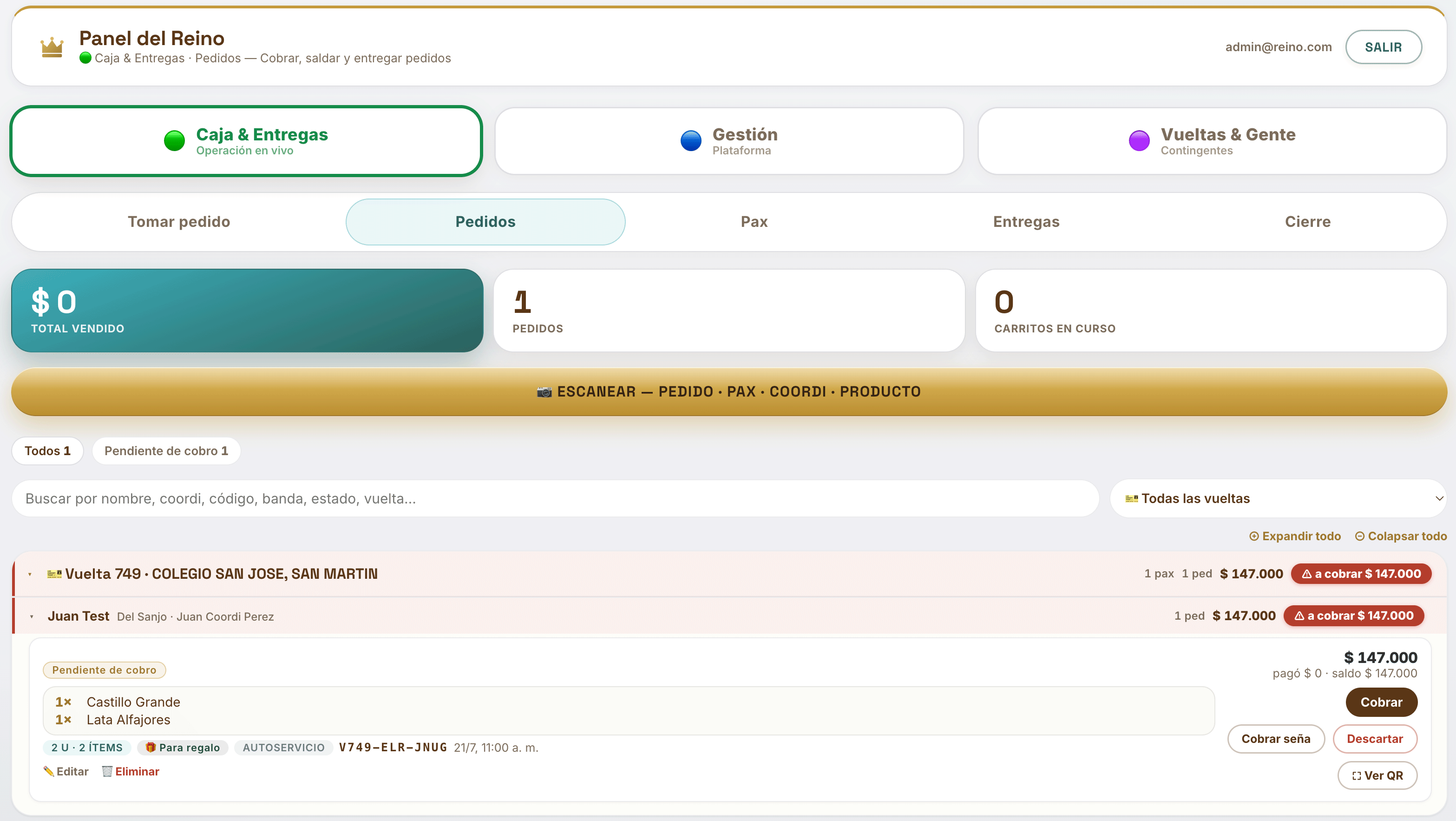 Panel del Reino con los pedidos en vivo agrupados por vuelta y colegio, con total vendido y saldo a cobrar