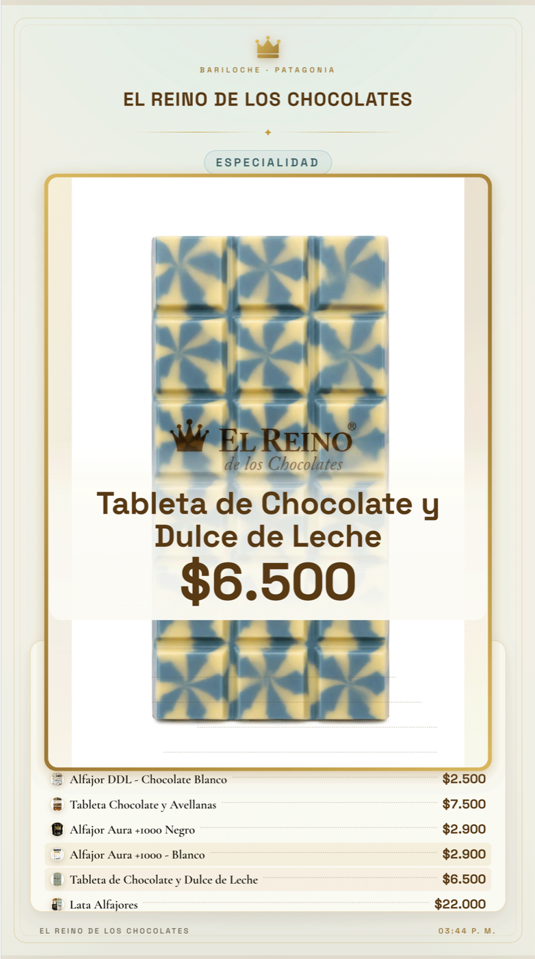 TV vertical del salón mostrando una especialidad con precio grande y la lista de precios de tabletas y alfajores abajo