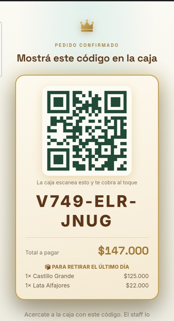 Pedido confirmado con QR para pagar en la caja