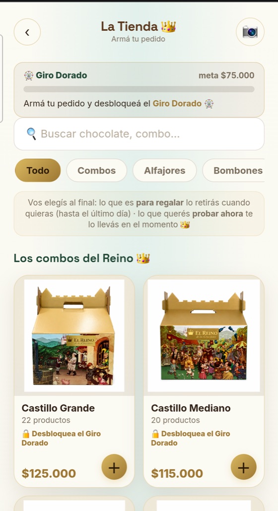Captura real de la tienda en el celular del pasajero: combos con fotos grandes y precios